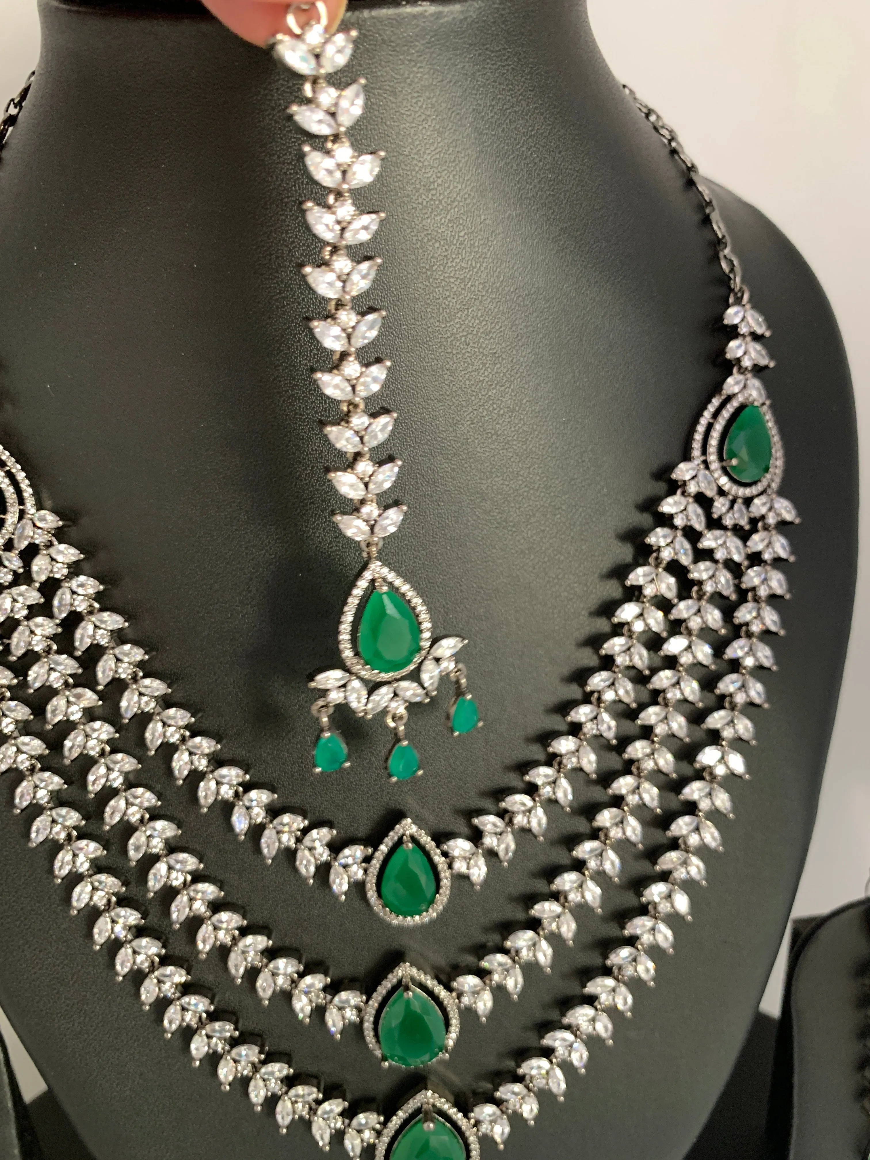 AD Green Stone Multi Layer Victorian Finish Short Necklace