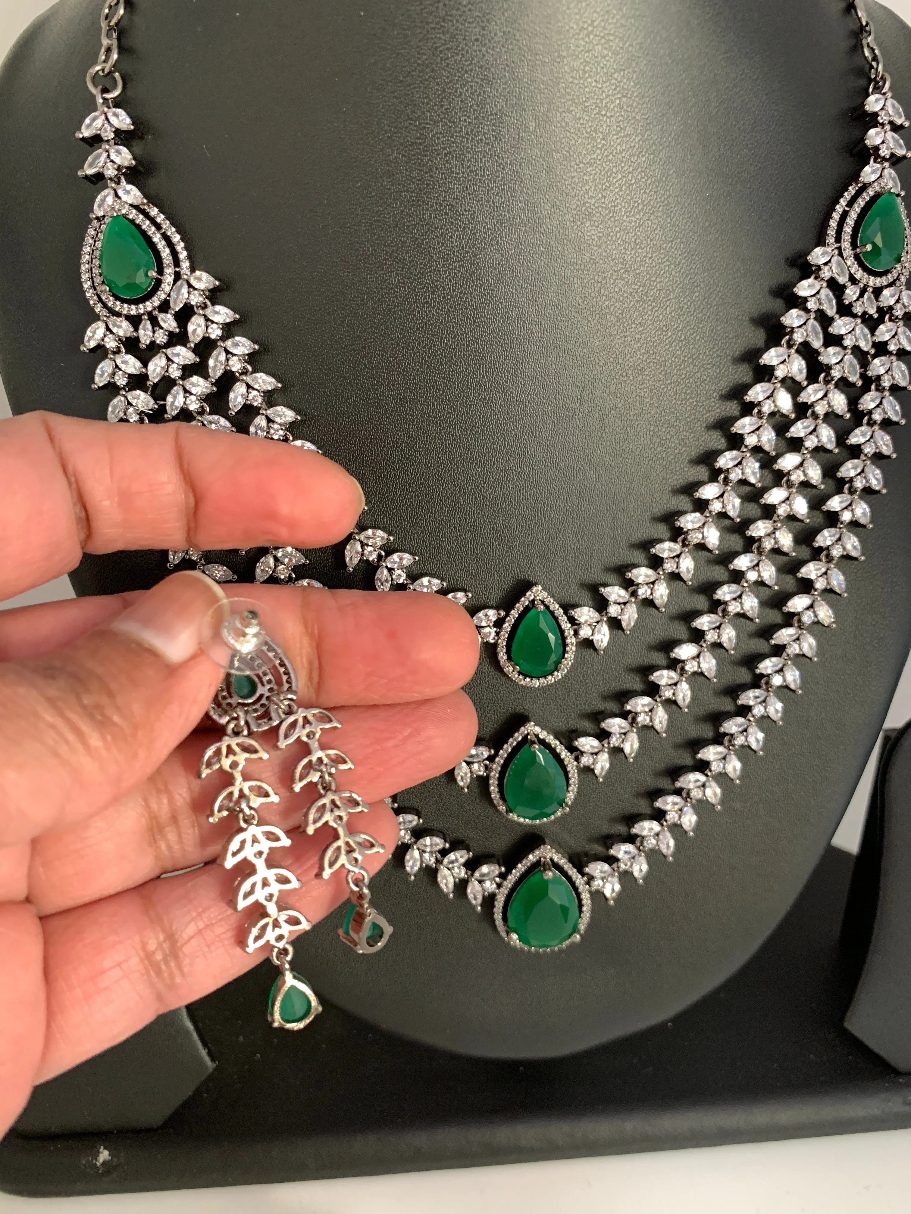 AD Green Stone Multi Layer Victorian Finish Short Necklace