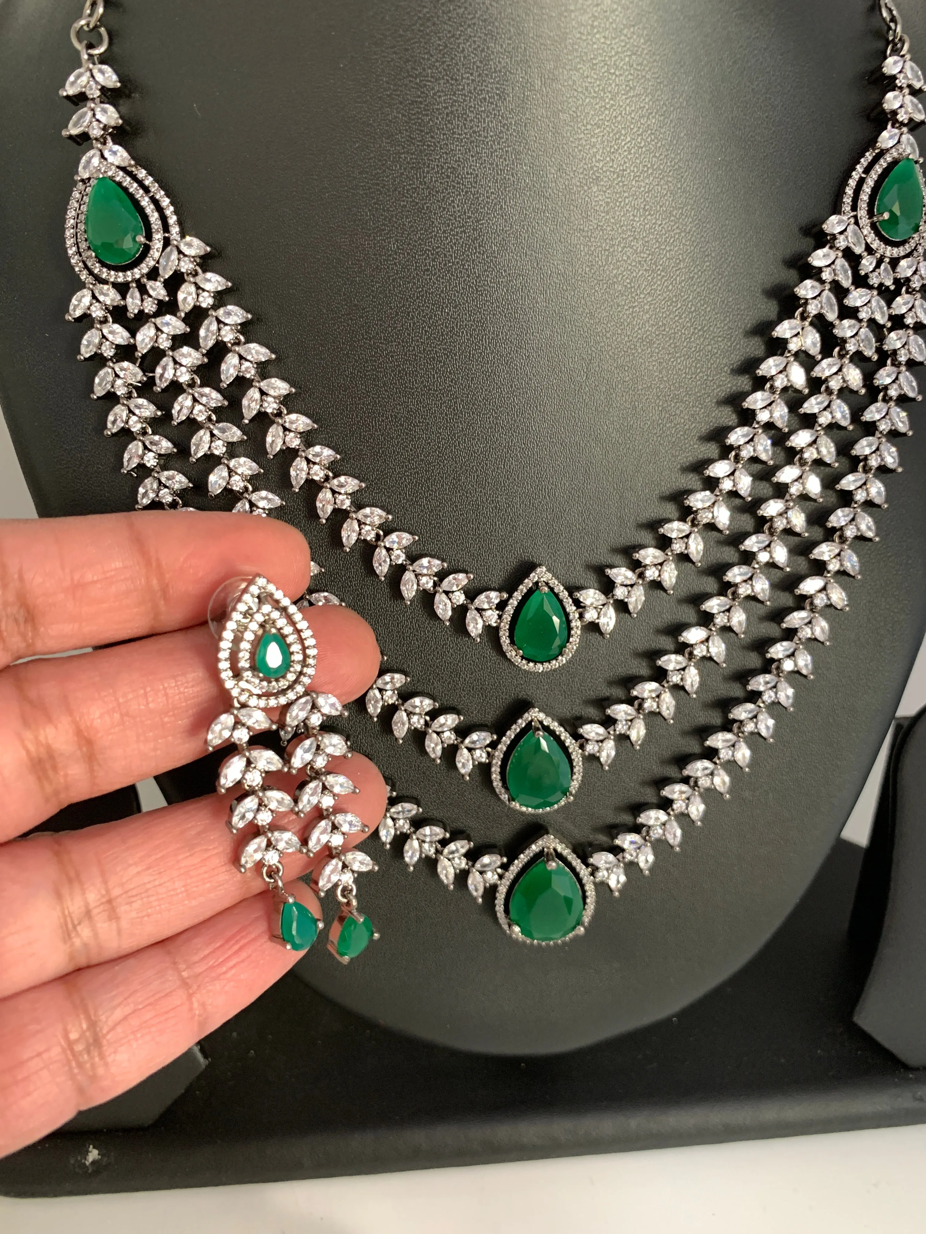 AD Green Stone Multi Layer Victorian Finish Short Necklace