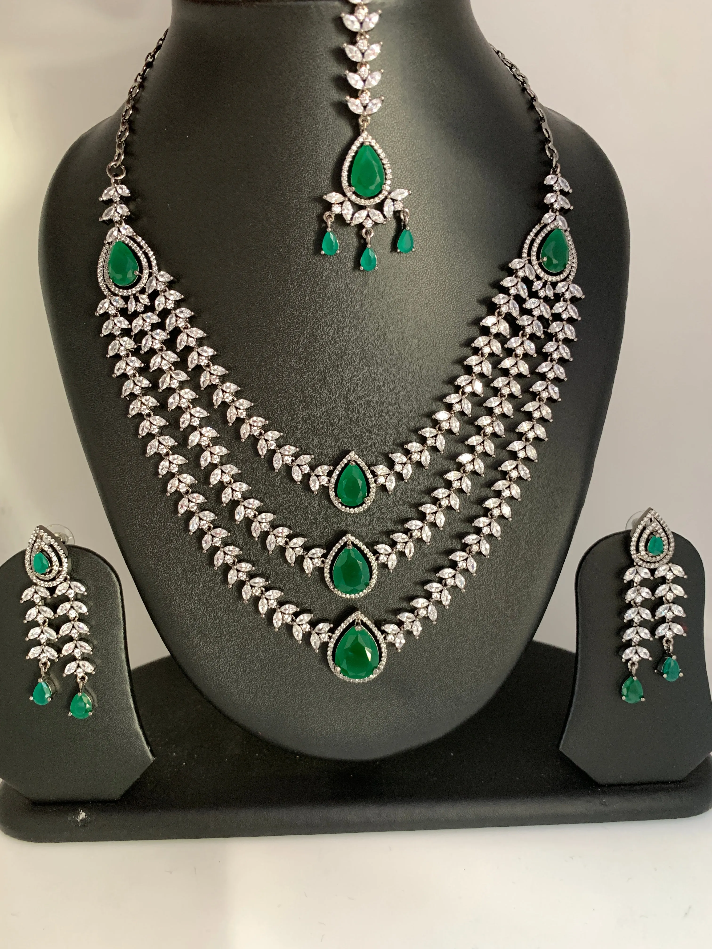 AD Green Stone Multi Layer Victorian Finish Short Necklace