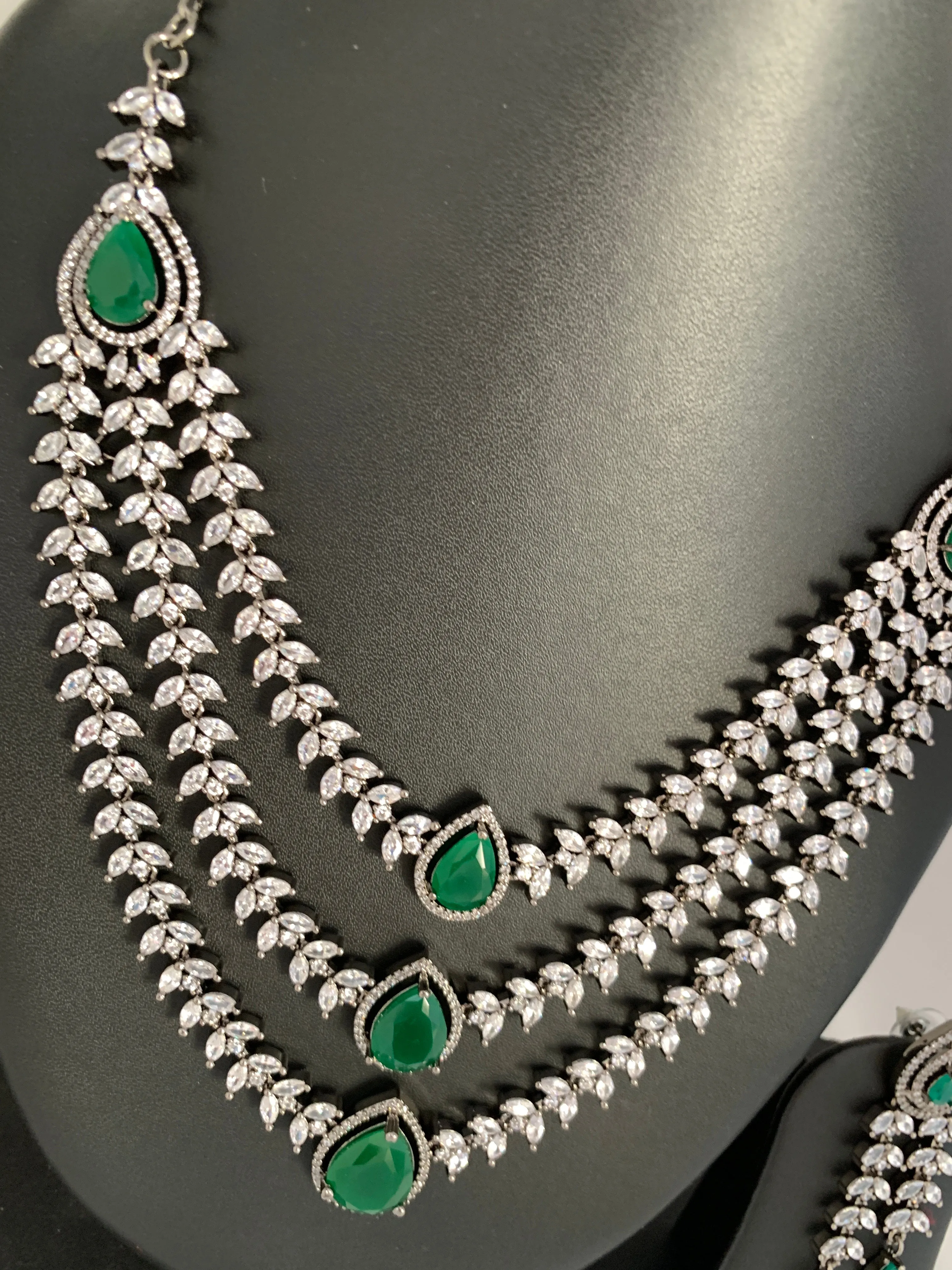 AD Green Stone Multi Layer Victorian Finish Short Necklace