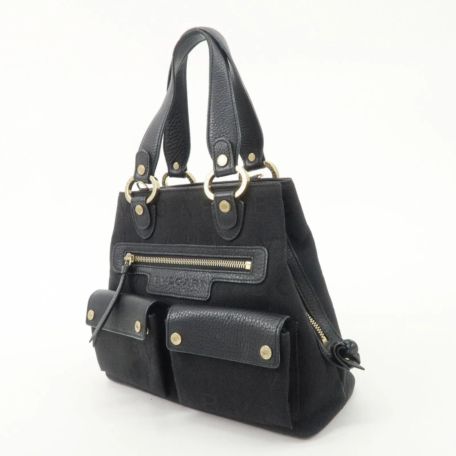 BVLGARI Logo Mania Canvas Leather 2Way Bag Hand Bag Black Used