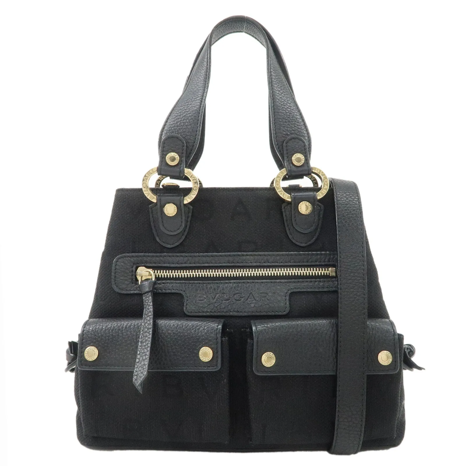 BVLGARI Logo Mania Canvas Leather 2Way Bag Hand Bag Black Used