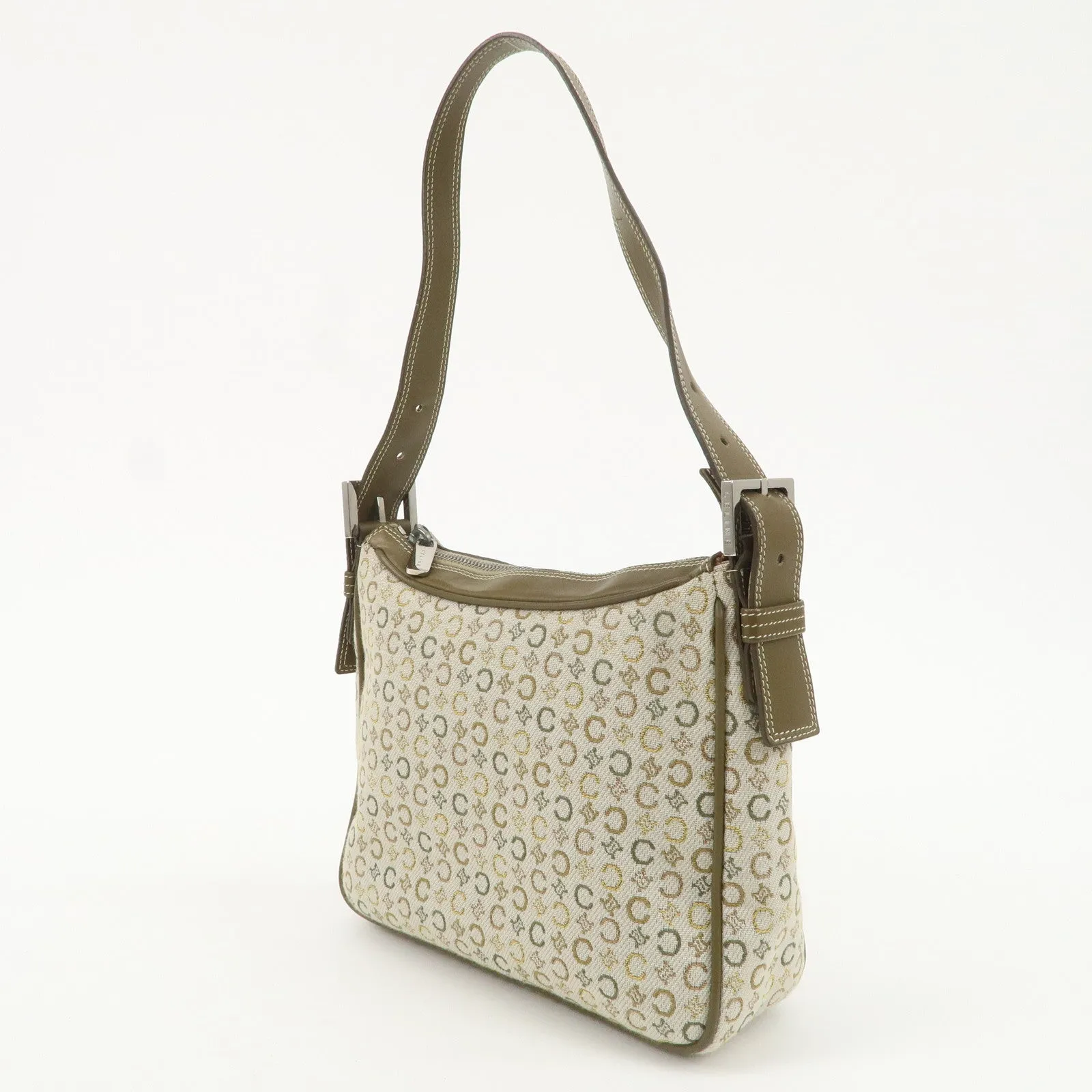 CELINE Canvas Leather Shoulder Bag Hand Bag Ivory Khaki Green Used