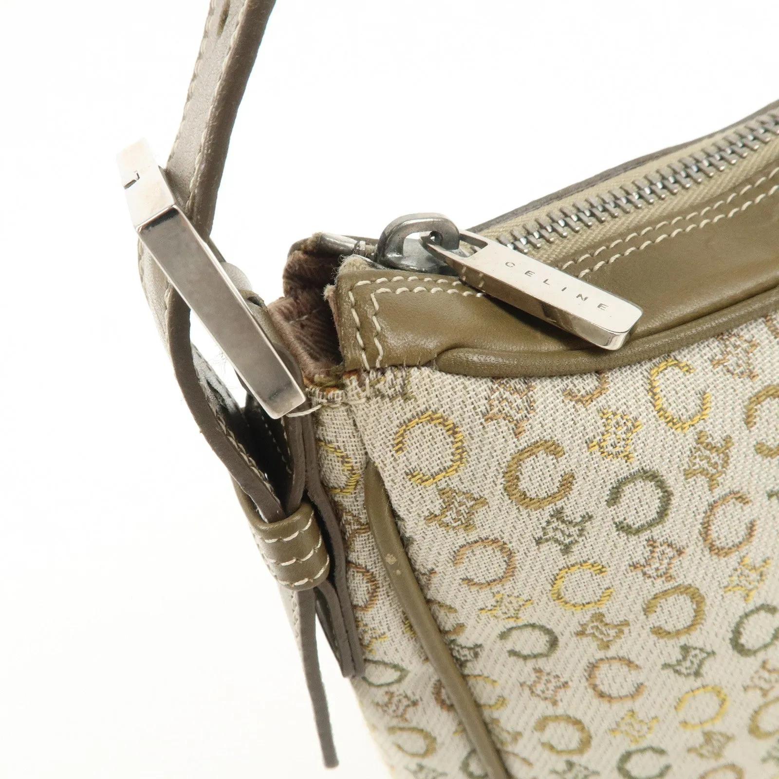 CELINE Canvas Leather Shoulder Bag Hand Bag Ivory Khaki Green Used