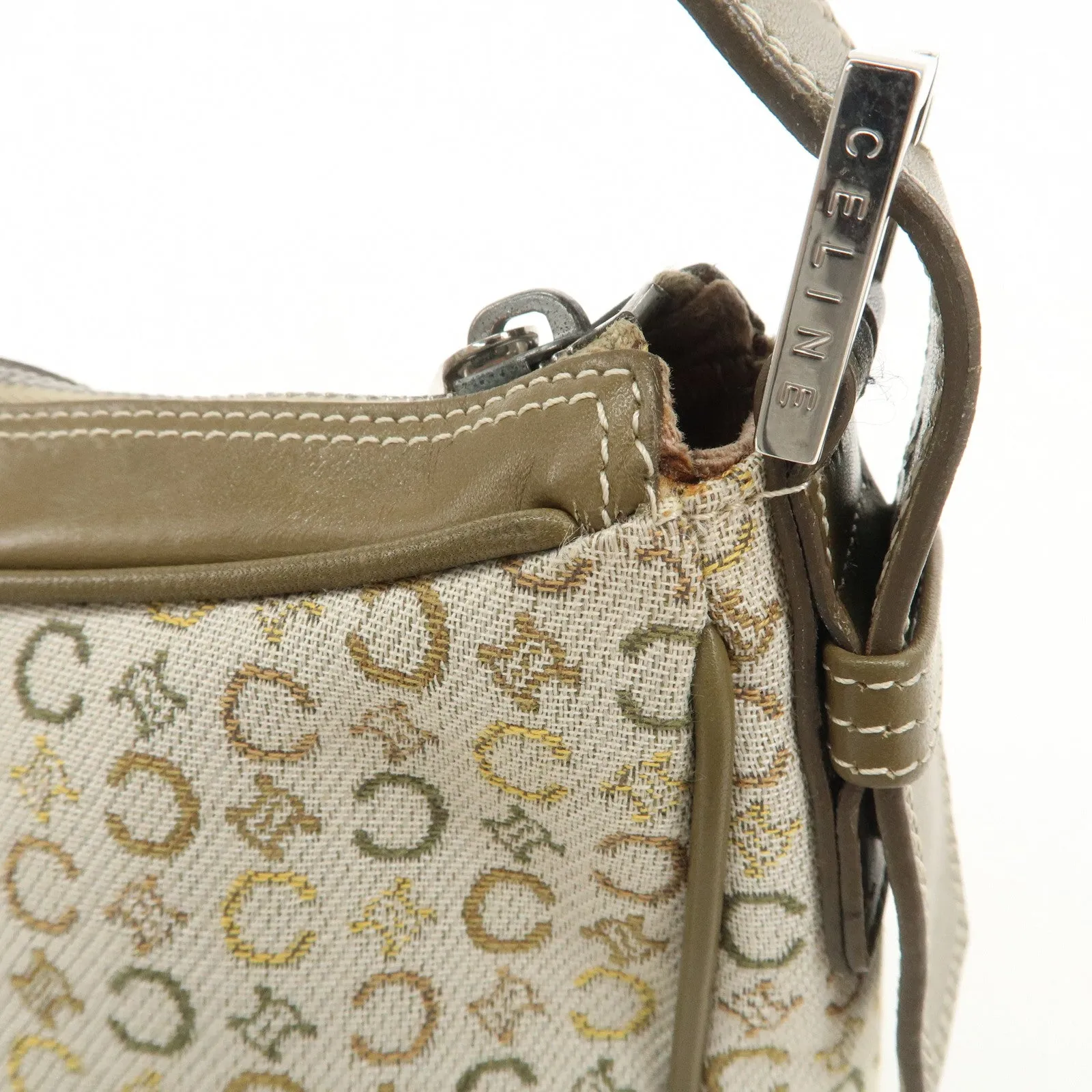CELINE Canvas Leather Shoulder Bag Hand Bag Ivory Khaki Green Used