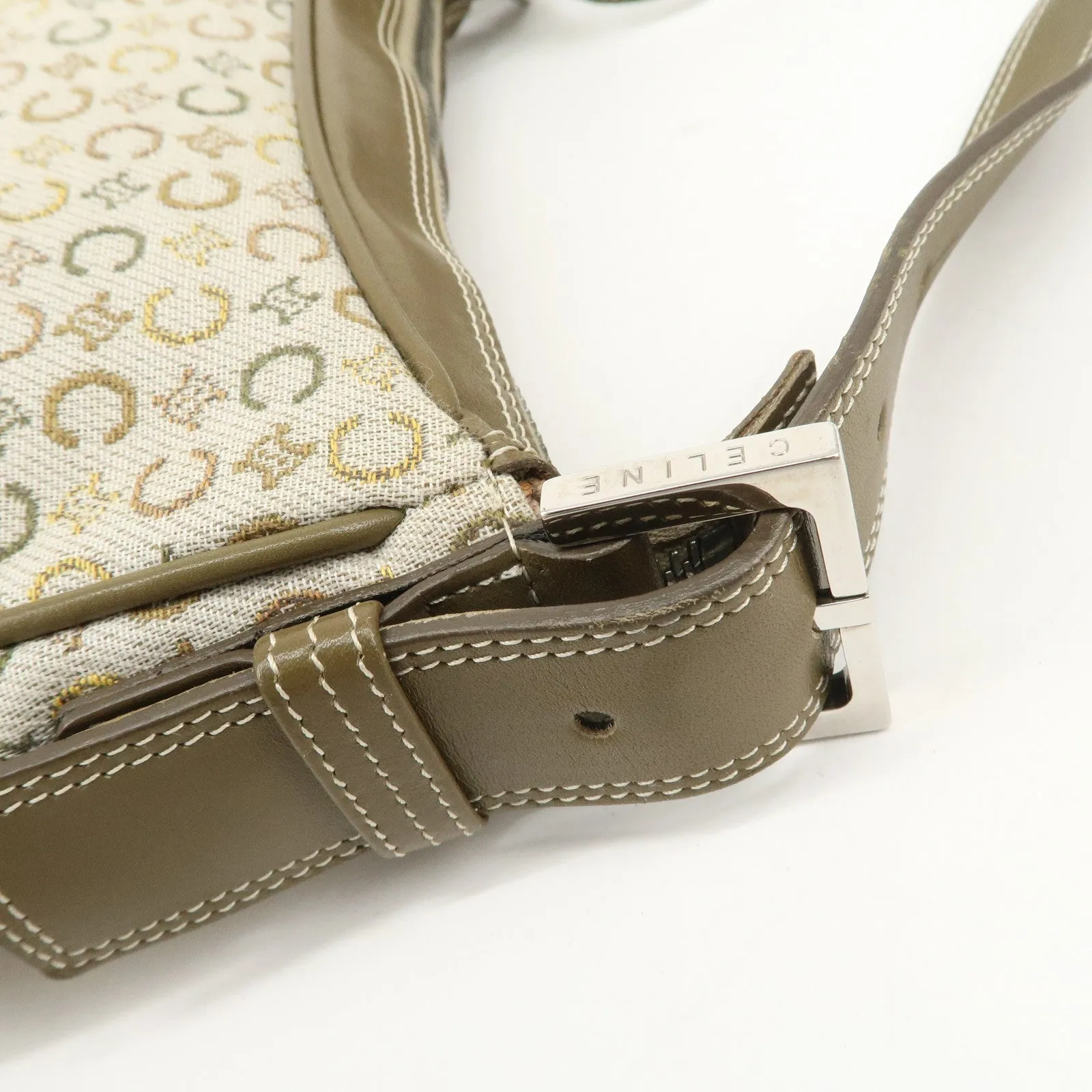 CELINE Canvas Leather Shoulder Bag Hand Bag Ivory Khaki Green Used