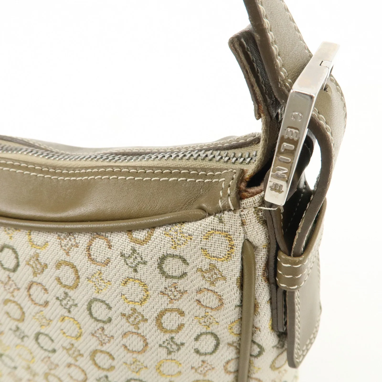 CELINE Canvas Leather Shoulder Bag Hand Bag Ivory Khaki Green Used