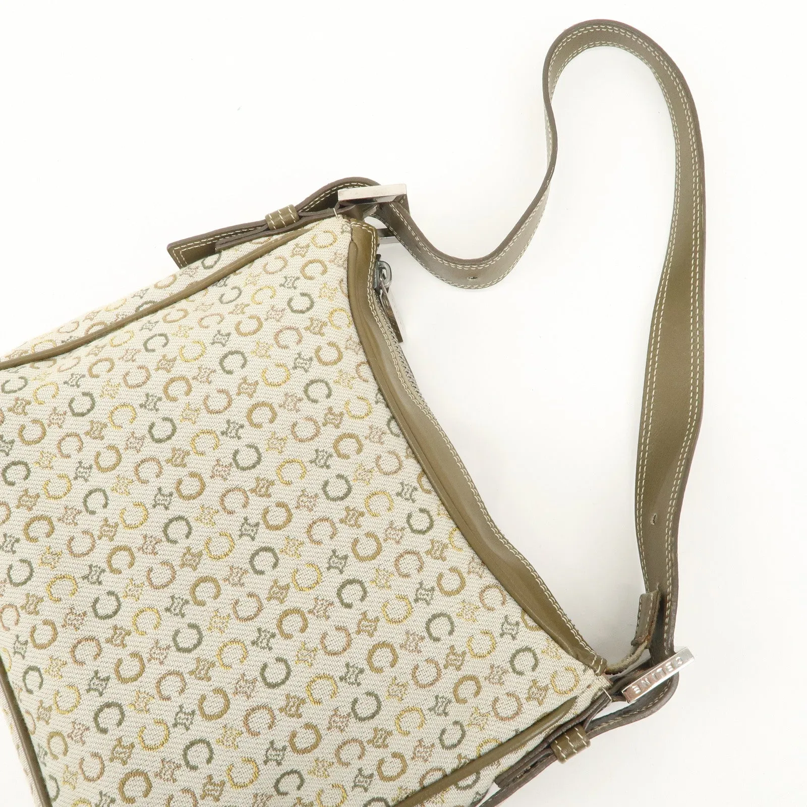 CELINE Canvas Leather Shoulder Bag Hand Bag Ivory Khaki Green Used