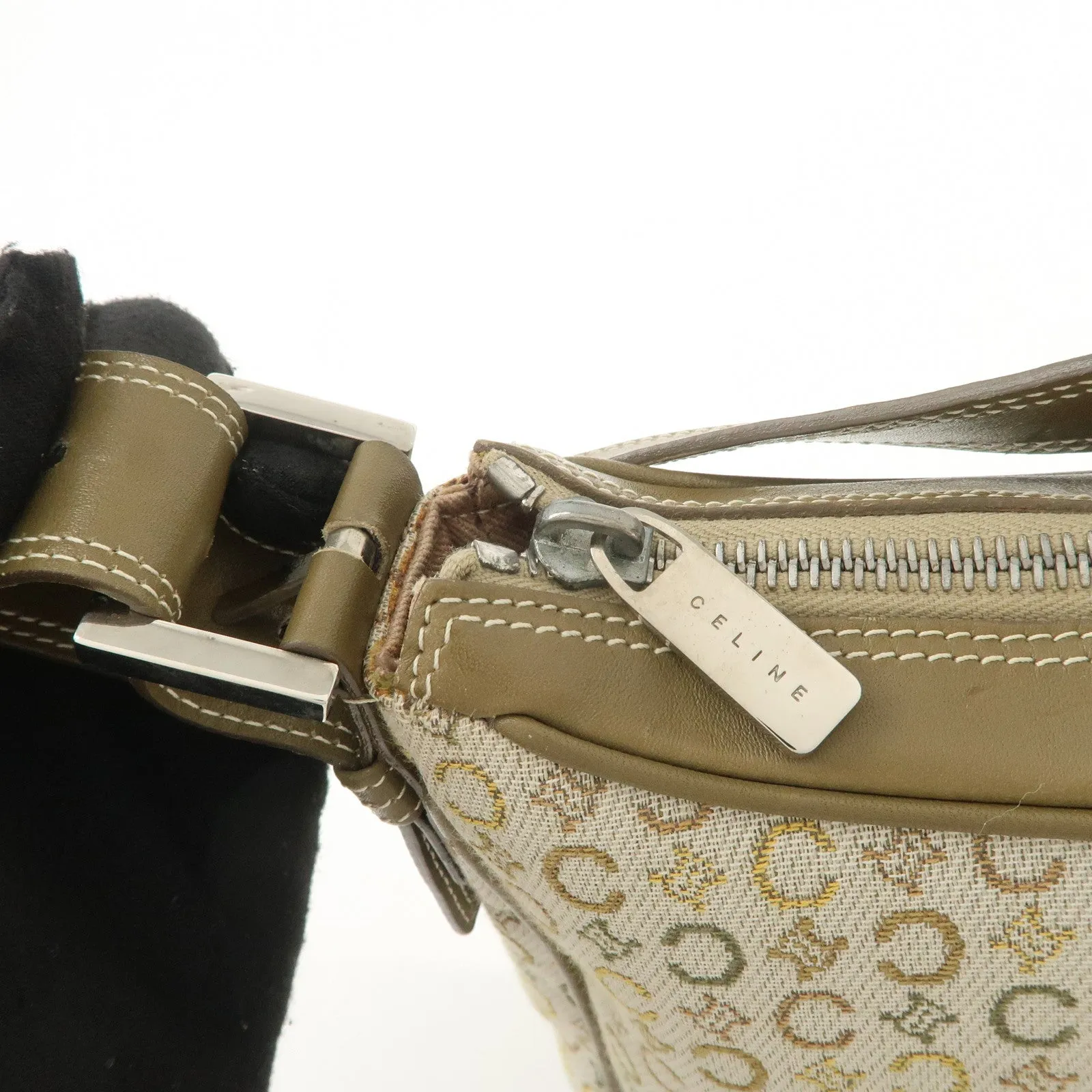CELINE Canvas Leather Shoulder Bag Hand Bag Ivory Khaki Green Used