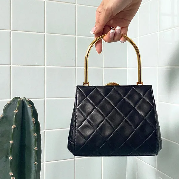 Chanel Around 1998 Made Logo Metal Clasp Handbag Black