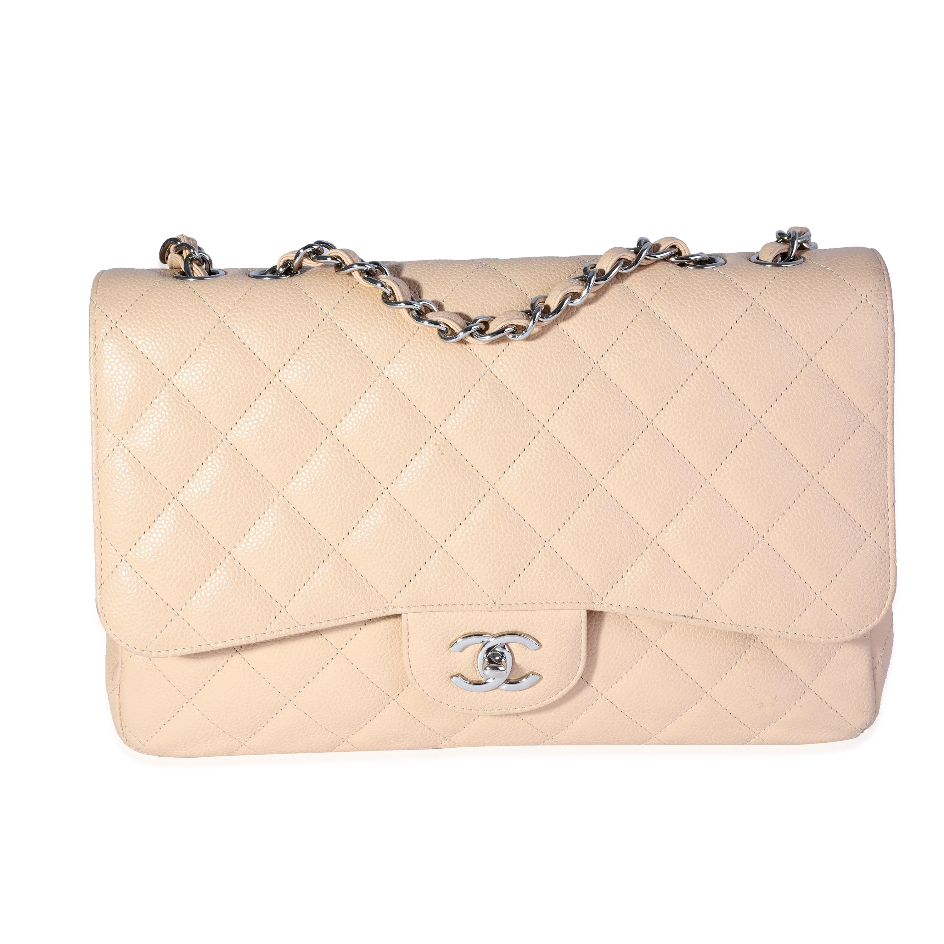 CHANEL Beige Quilted Caviar Jumbo Classic Single Flap Bag