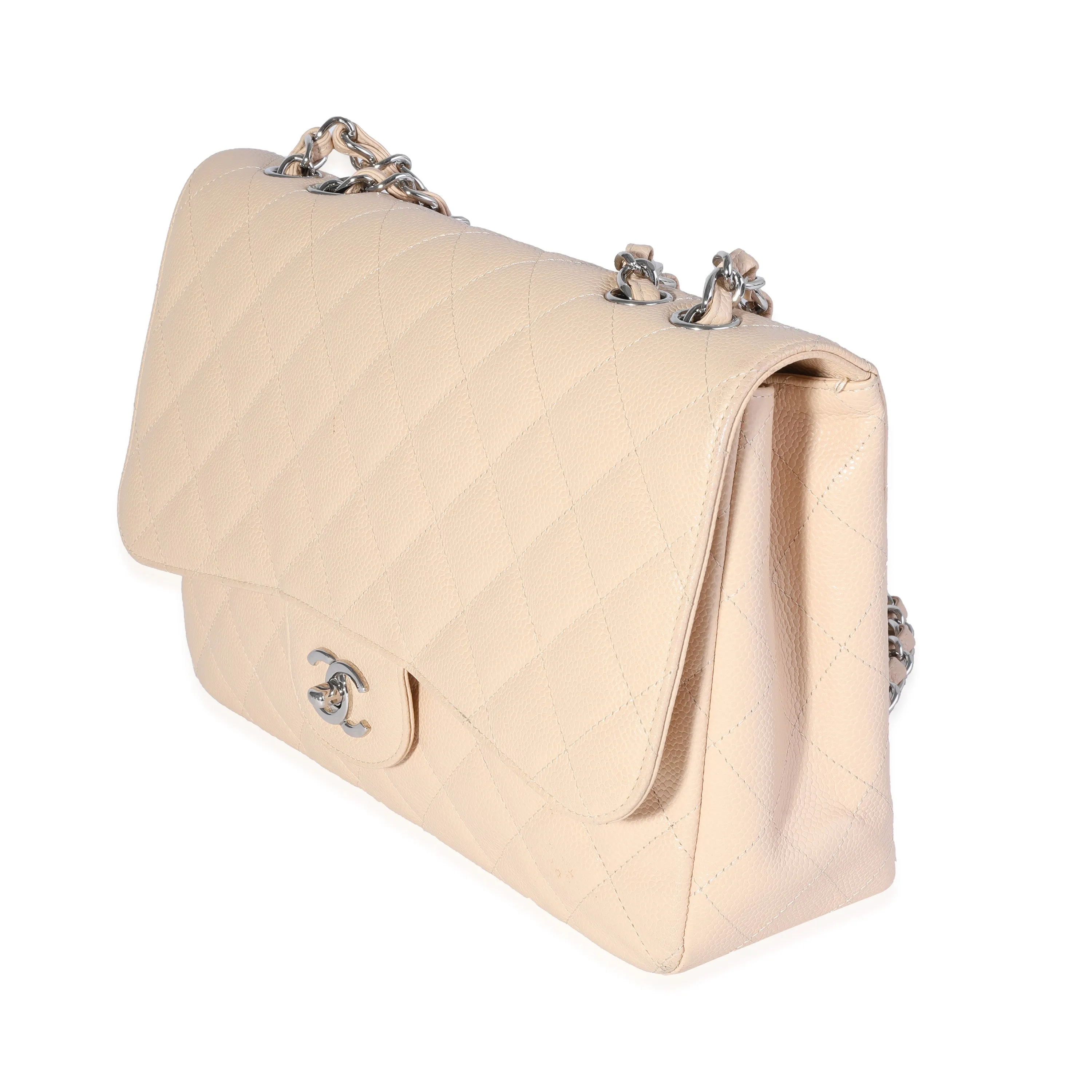 CHANEL Beige Quilted Caviar Jumbo Classic Single Flap Bag