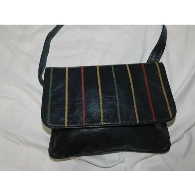 Fendi Shoulder W Satchel Cross Body Or W Multi Color Rainbow Stitches On Navy Leather Messenger Bag