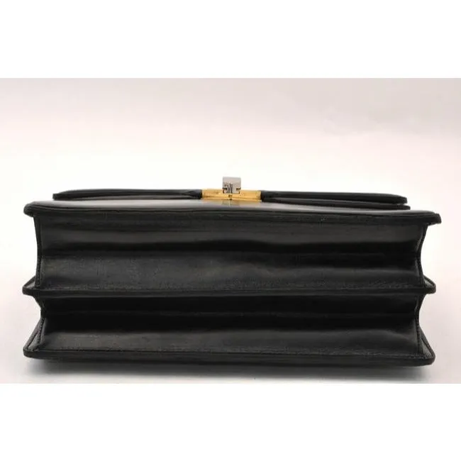 Gucci Top Bag Vintage Handle Multi Compartment Purse Black Leathergold Boar Skin Satchel