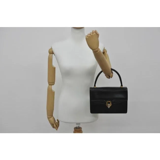 Gucci Top Bag Vintage Handle Multi Compartment Purse Black Leathergold Boar Skin Satchel