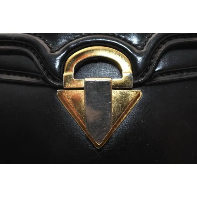Gucci Top Bag Vintage Handle Multi Compartment Purse Black Leathergold Boar Skin Satchel