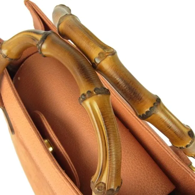 Gucci Tote Bag Shopper Orange W Bamboo Handles Suede And Leather With Satchel
