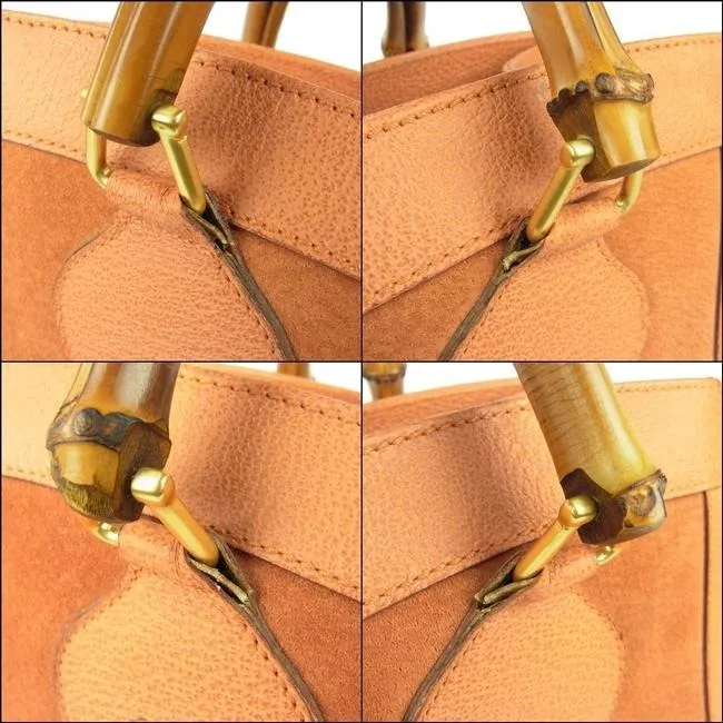 Gucci Tote Bag Shopper Orange W Bamboo Handles Suede And Leather With Satchel