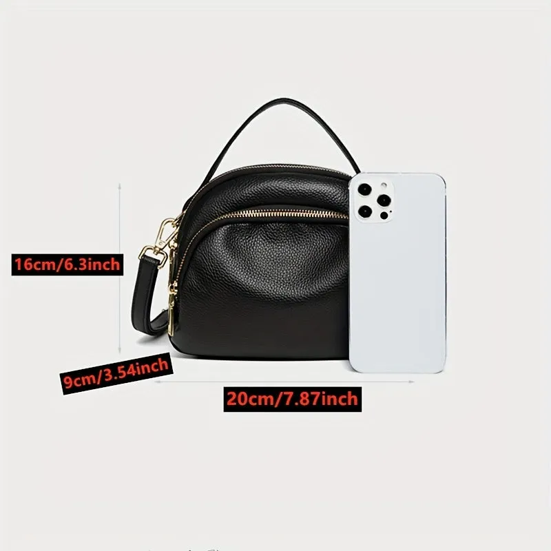 Litchi Pattern Dome Handbag, Soft PU Leather Crossbody Bag, Women's Multi Zipper Purse For Everyday