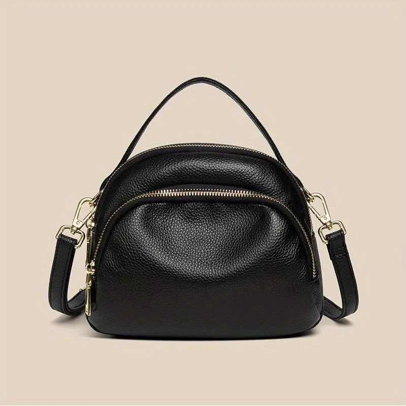 Litchi Pattern Dome Handbag, Soft PU Leather Crossbody Bag, Women's Multi Zipper Purse For Everyday