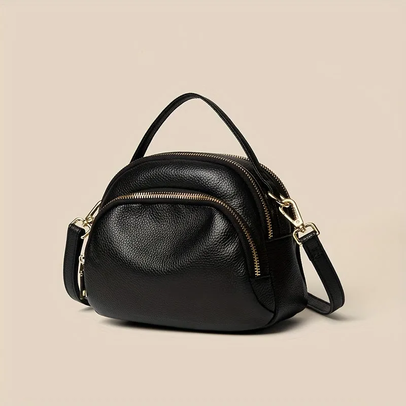 Litchi Pattern Dome Handbag, Soft PU Leather Crossbody Bag, Women's Multi Zipper Purse For Everyday