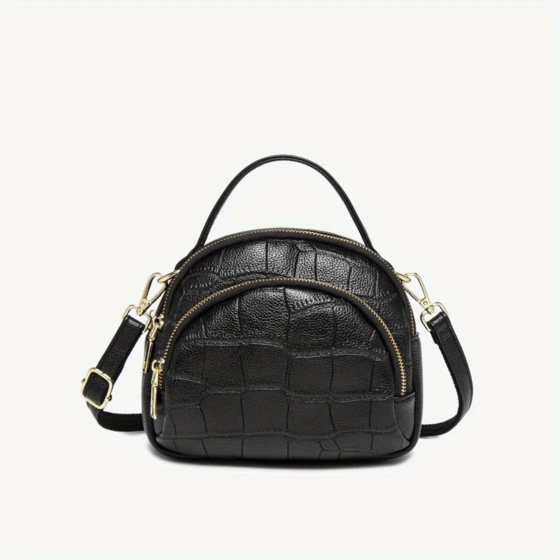 Litchi Pattern Dome Handbag, Soft PU Leather Crossbody Bag, Women's Multi Zipper Purse For Everyday