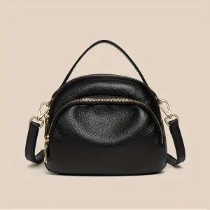 Litchi Pattern Dome Handbag, Soft PU Leather Crossbody Bag, Women's Multi Zipper Purse For Everyday