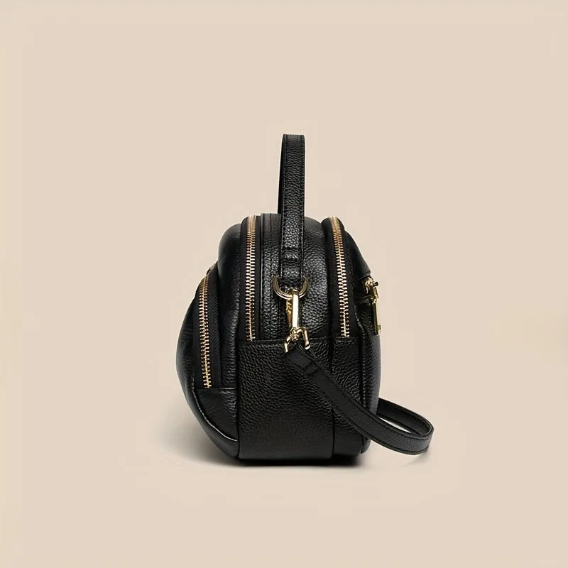 Litchi Pattern Dome Handbag, Soft PU Leather Crossbody Bag, Women's Multi Zipper Purse For Everyday