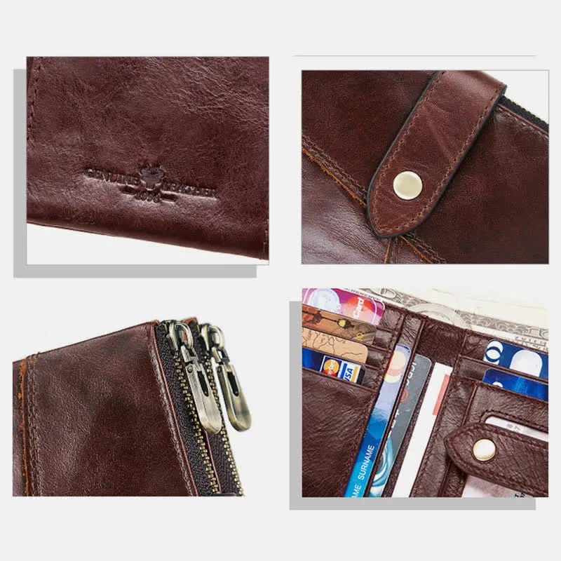 Men's Large Capacity RFID Blocking Leather Wallet with Zipper Pocket