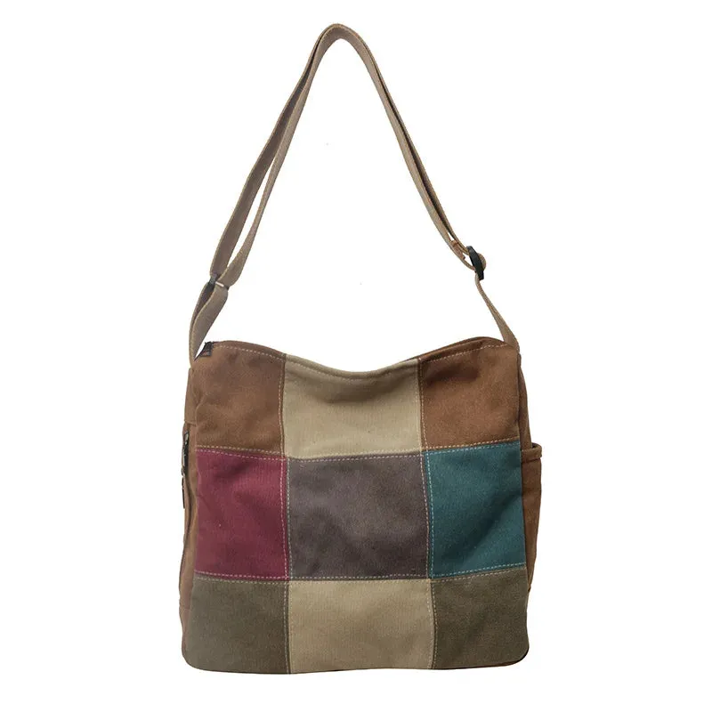 UAKISS  - 2024 New Retro Spliced Shoulder Bag Fashionable Contrast Color Multi Zipper Crossbody Bag Casual Canvas Large Capacity Tote Bag