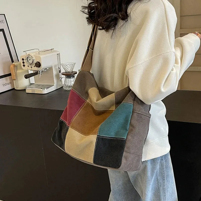 UAKISS  - 2024 New Retro Spliced Shoulder Bag Fashionable Contrast Color Multi Zipper Crossbody Bag Casual Canvas Large Capacity Tote Bag