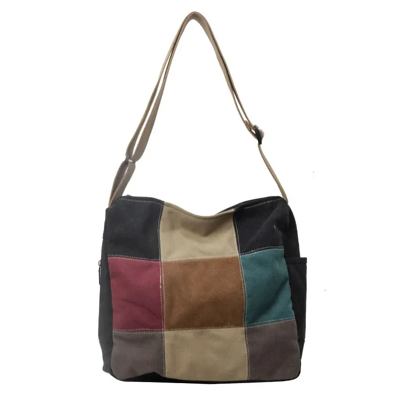 UAKISS  - 2024 New Retro Spliced Shoulder Bag Fashionable Contrast Color Multi Zipper Crossbody Bag Casual Canvas Large Capacity Tote Bag