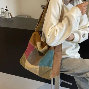 UAKISS  - 2024 New Retro Spliced Shoulder Bag Fashionable Contrast Color Multi Zipper Crossbody Bag Casual Canvas Large Capacity Tote Bag