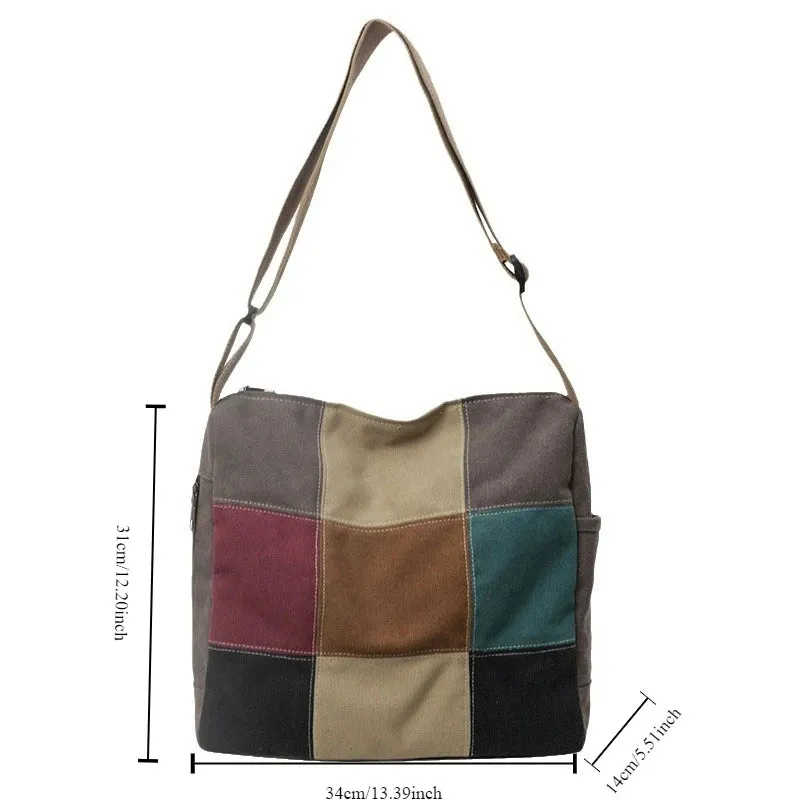 UAKISS  - 2024 New Retro Spliced Shoulder Bag Fashionable Contrast Color Multi Zipper Crossbody Bag Casual Canvas Large Capacity Tote Bag