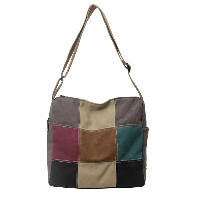 UAKISS  - 2024 New Retro Spliced Shoulder Bag Fashionable Contrast Color Multi Zipper Crossbody Bag Casual Canvas Large Capacity Tote Bag