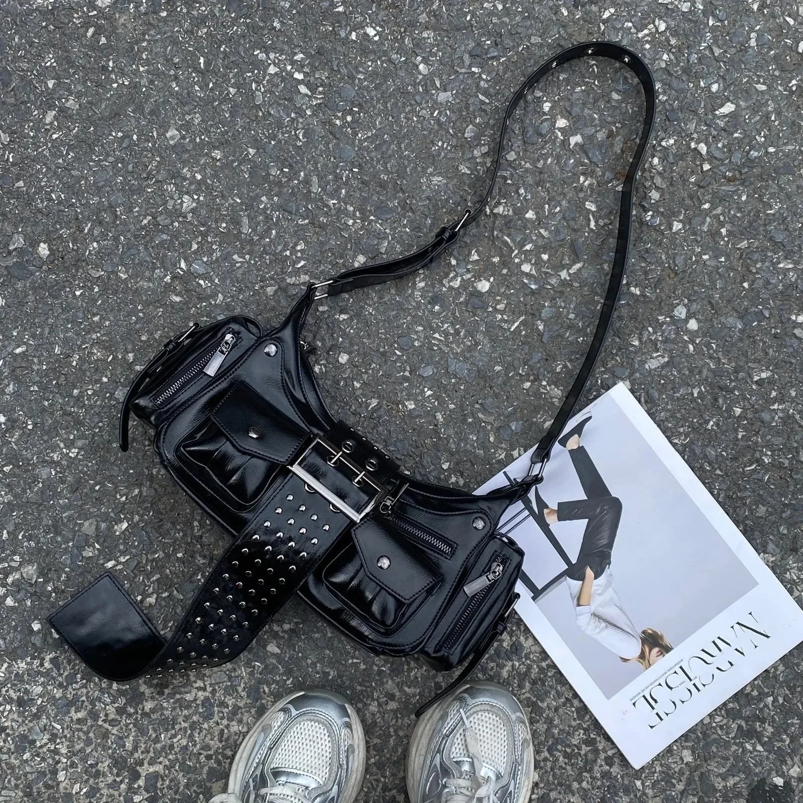 UAKISS  -  Punk Multi-Zipper Tassel Rivet Motorcycle Bag Fashion Hobos Women Shoulder Bags Y2K Half Moon Underarm Bag Trend Handbags