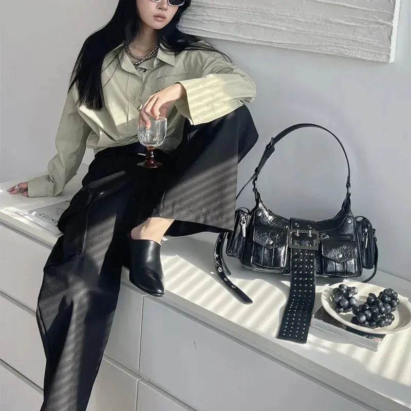 UAKISS  -  Punk Multi-Zipper Tassel Rivet Motorcycle Bag Fashion Hobos Women Shoulder Bags Y2K Half Moon Underarm Bag Trend Handbags