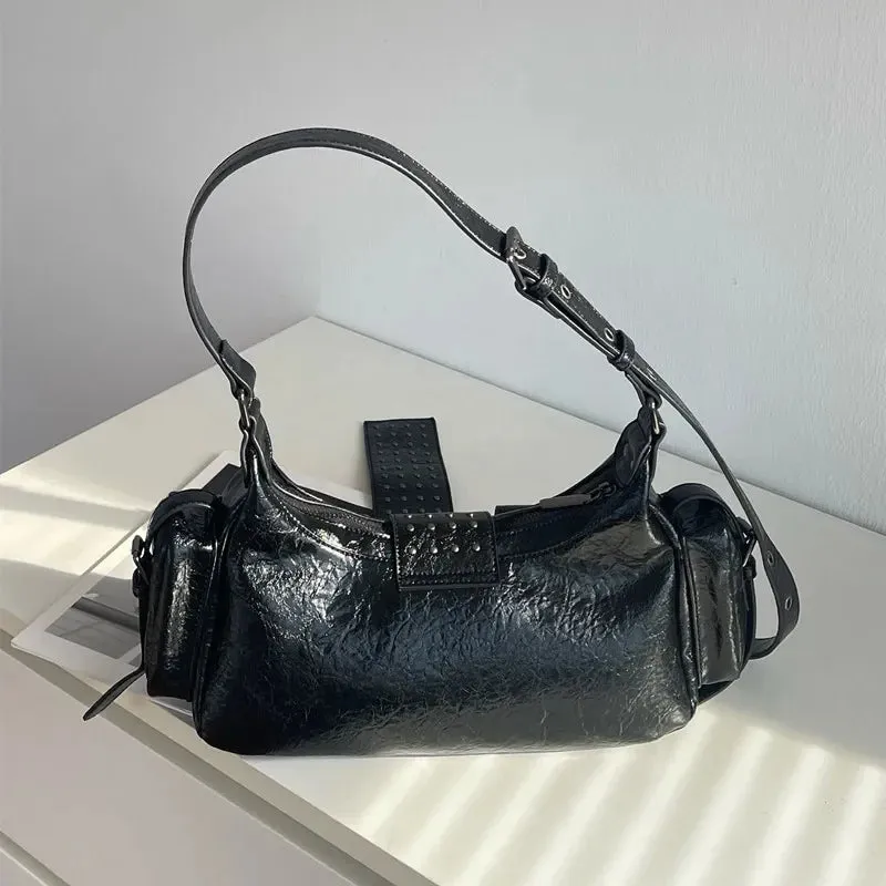 UAKISS  -  Punk Multi-Zipper Tassel Rivet Motorcycle Bag Fashion Hobos Women Shoulder Bags Y2K Half Moon Underarm Bag Trend Handbags