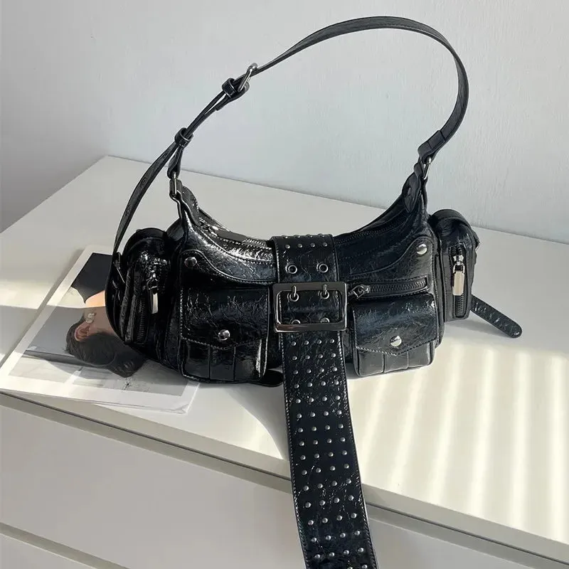 UAKISS  -  Punk Multi-Zipper Tassel Rivet Motorcycle Bag Fashion Hobos Women Shoulder Bags Y2K Half Moon Underarm Bag Trend Handbags