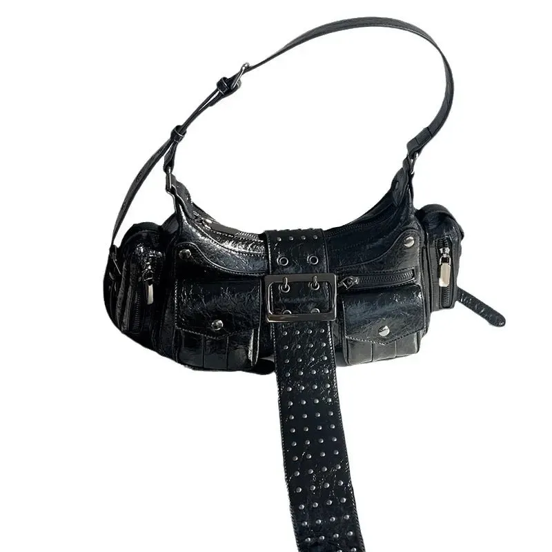 UAKISS  -  Punk Multi-Zipper Tassel Rivet Motorcycle Bag Fashion Hobos Women Shoulder Bags Y2K Half Moon Underarm Bag Trend Handbags