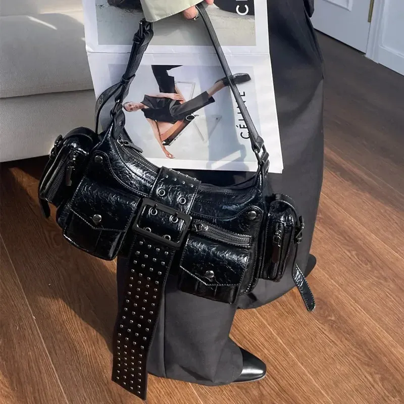 UAKISS  -  Punk Multi-Zipper Tassel Rivet Motorcycle Bag Fashion Hobos Women Shoulder Bags Y2K Half Moon Underarm Bag Trend Handbags