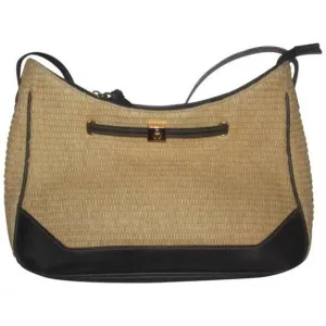 Vintage, Etienne Aigner, natural color woven raffia and navy blue leather, multi-compartment, shoulder purse
